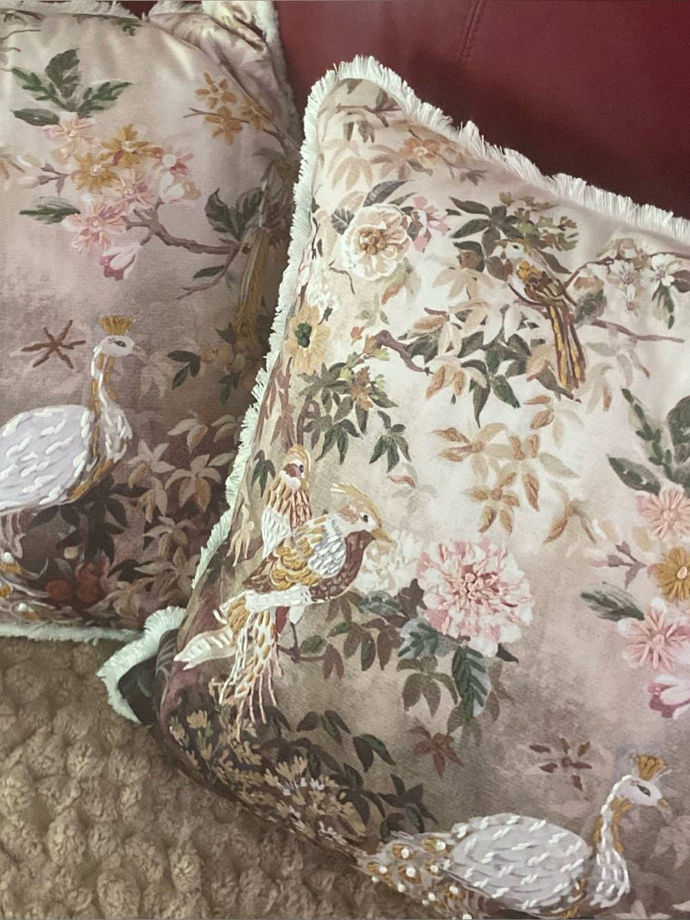 Very rare Floral  Bird Embroidered Plush Throw Pillow Pair - Blush & Cream